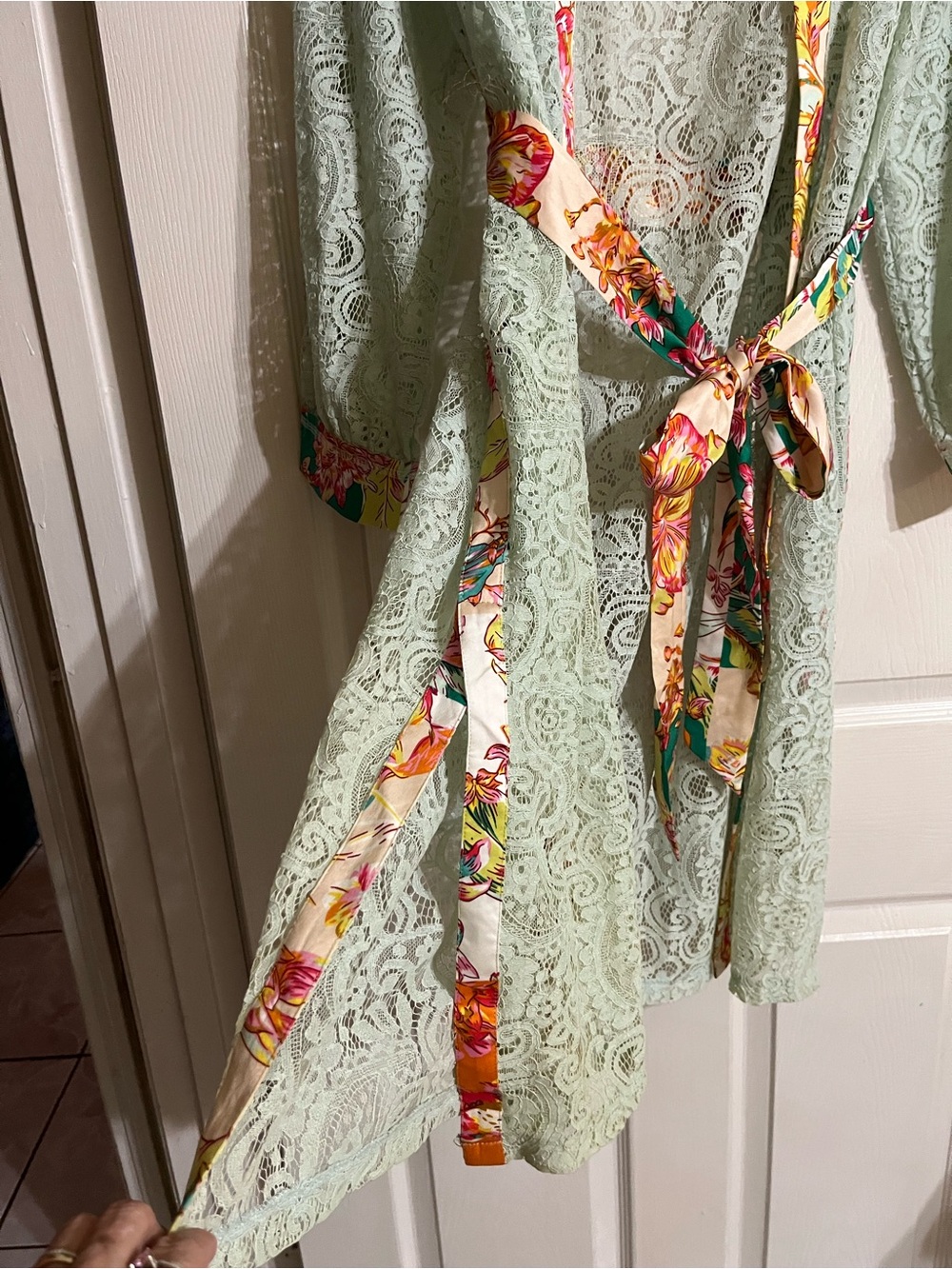 POL Mint Green Lace Kimono Coat with Floral Trim - Picture 3 of 8